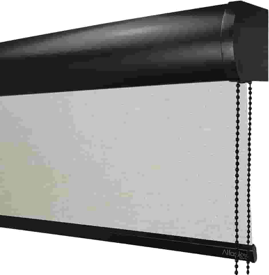 Cortina Persiana de Rolo Blackout (Comando lado DIREITO) (Linho Natural - COM BANDÔ, 2,10 (lar) x 1,40 (alt) - Acabamento Preto)