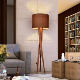 Luminaria Chão Abajur Pes De Madeira Tripe Madeira Retrô Luxo Cúpula Tecido Marrom